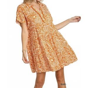 NEW UMGEE floral paisley mixed print tiered dress in orange